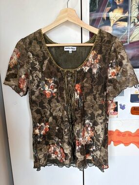 Olive Floral Lace-Up Short Sleeve Top